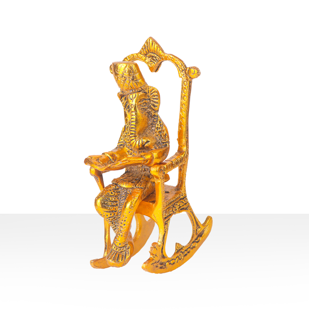 Devnidhii Ganesh Ji Idol Reading Scripture on Chair in Gold Polish