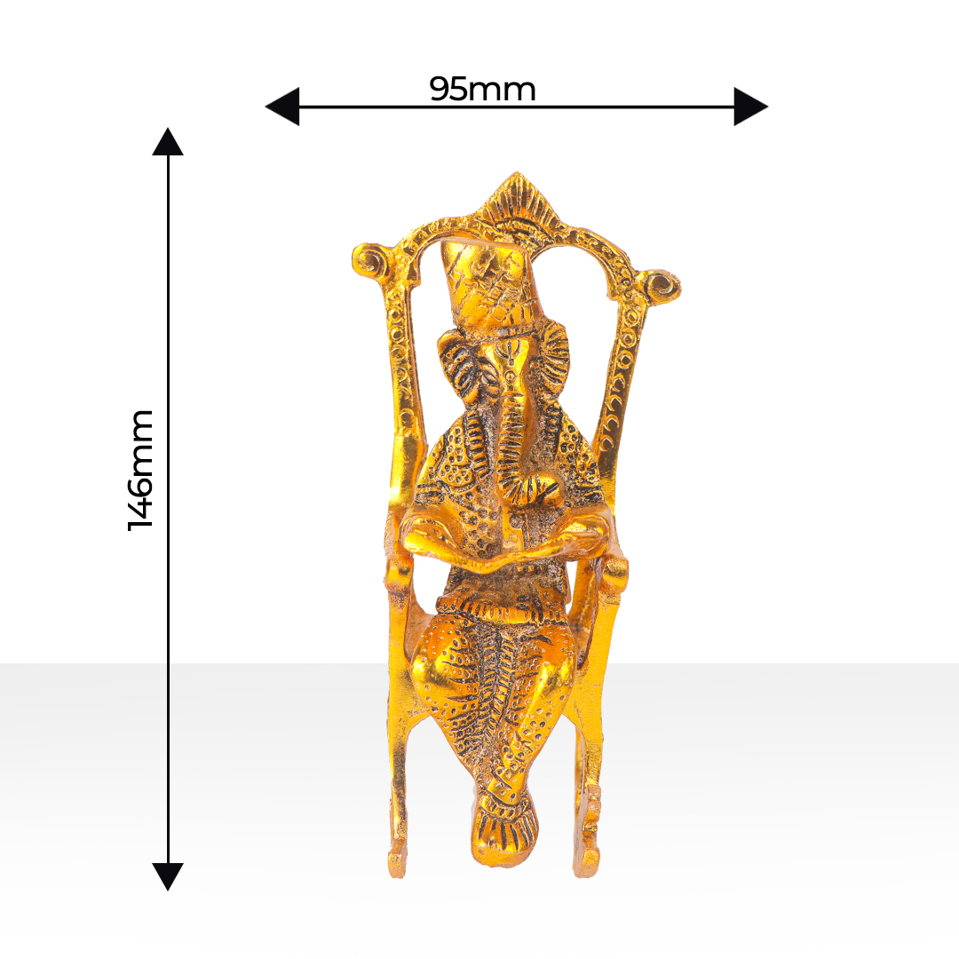 Devnidhii Ganesh Ji Idol Reading Scripture on Chair in Gold Polish