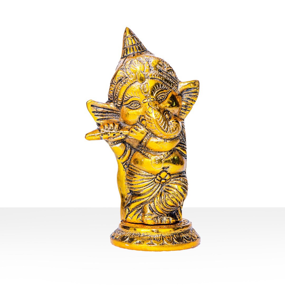Devnidhii Ganesh Ji Idol with Bansuri in Gold Polish