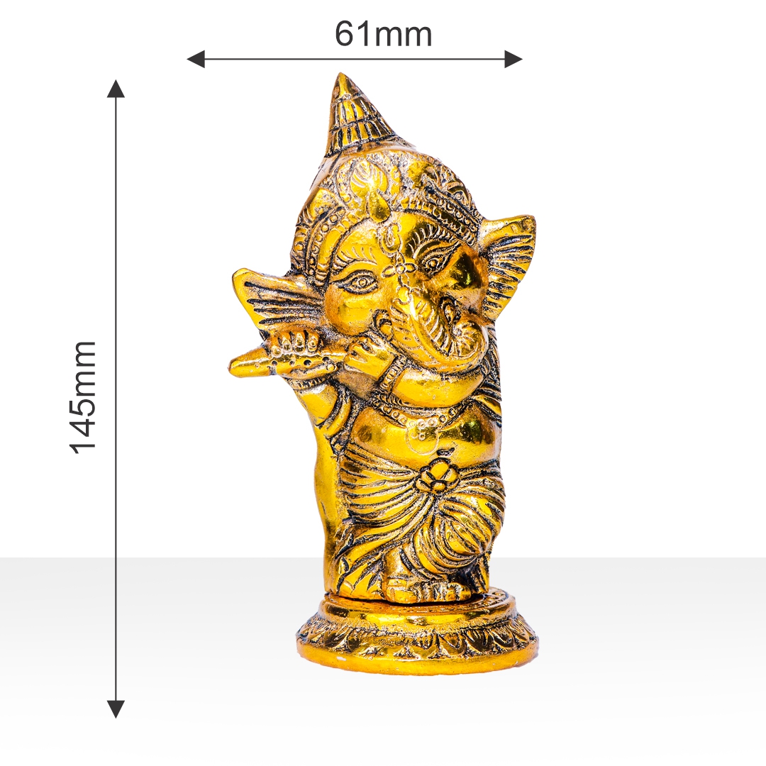Devnidhii Ganesh Ji Idol with Bansuri in Gold Polish