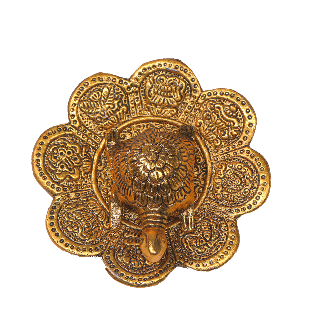 Devnidhii Tortoise/ Turtle/Kachua on Flower Plate Vastu Feng Shui in Gold Polish