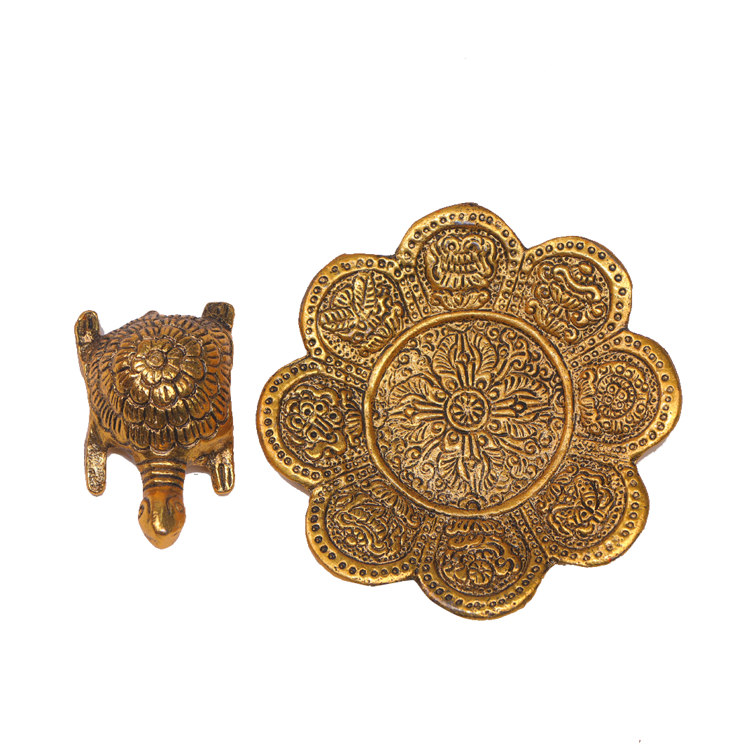Devnidhii Tortoise/ Turtle/Kachua on Flower Plate Vastu Feng Shui in Gold Polish