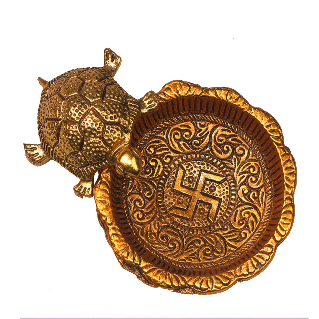 Devnidhii Tortoise/ Turtle/Kachua on Swastik Plate Vastu Feng Shui in Gold Polish