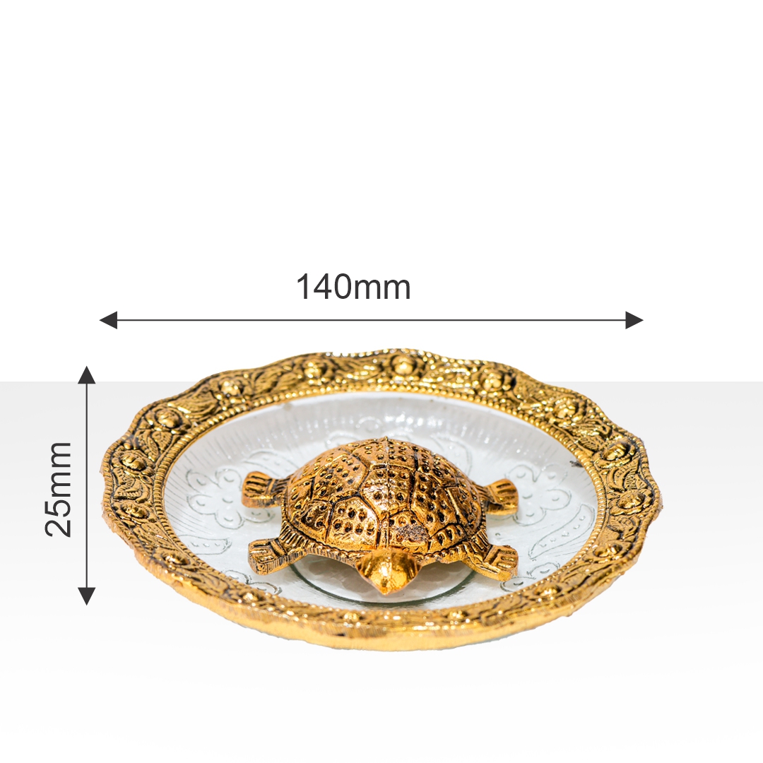 Devnidhii Tortoise/ Turtle/Kachua Gold Polish Big Size on Glass Plate Vastu Feng Shui