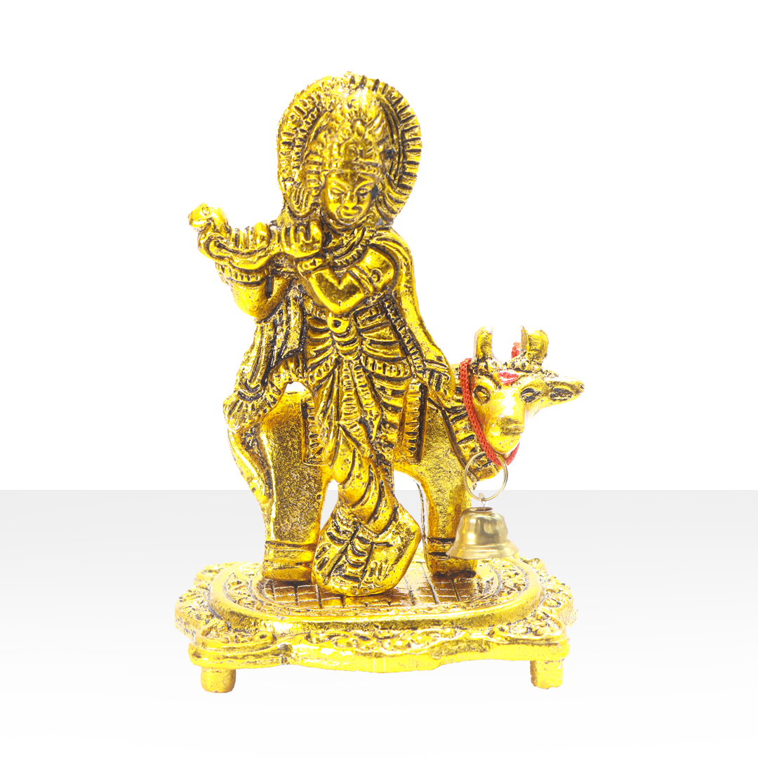 Devnidhii Krishna Ji  Idol with Kamdhenu Cow in Gold Polish Small Size