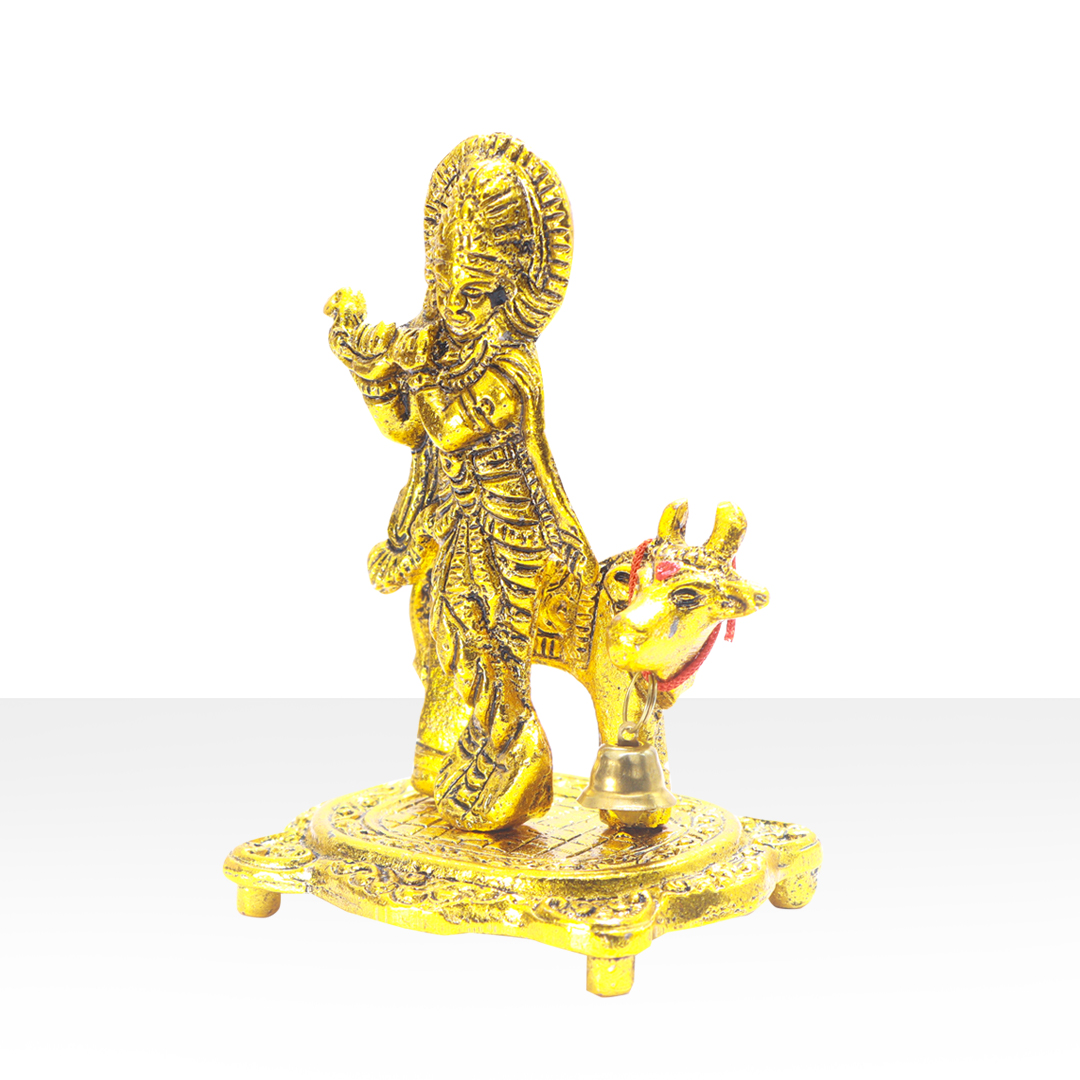 Devnidhii Krishna Ji  Idol with Kamdhenu Cow in Gold Polish Small Size