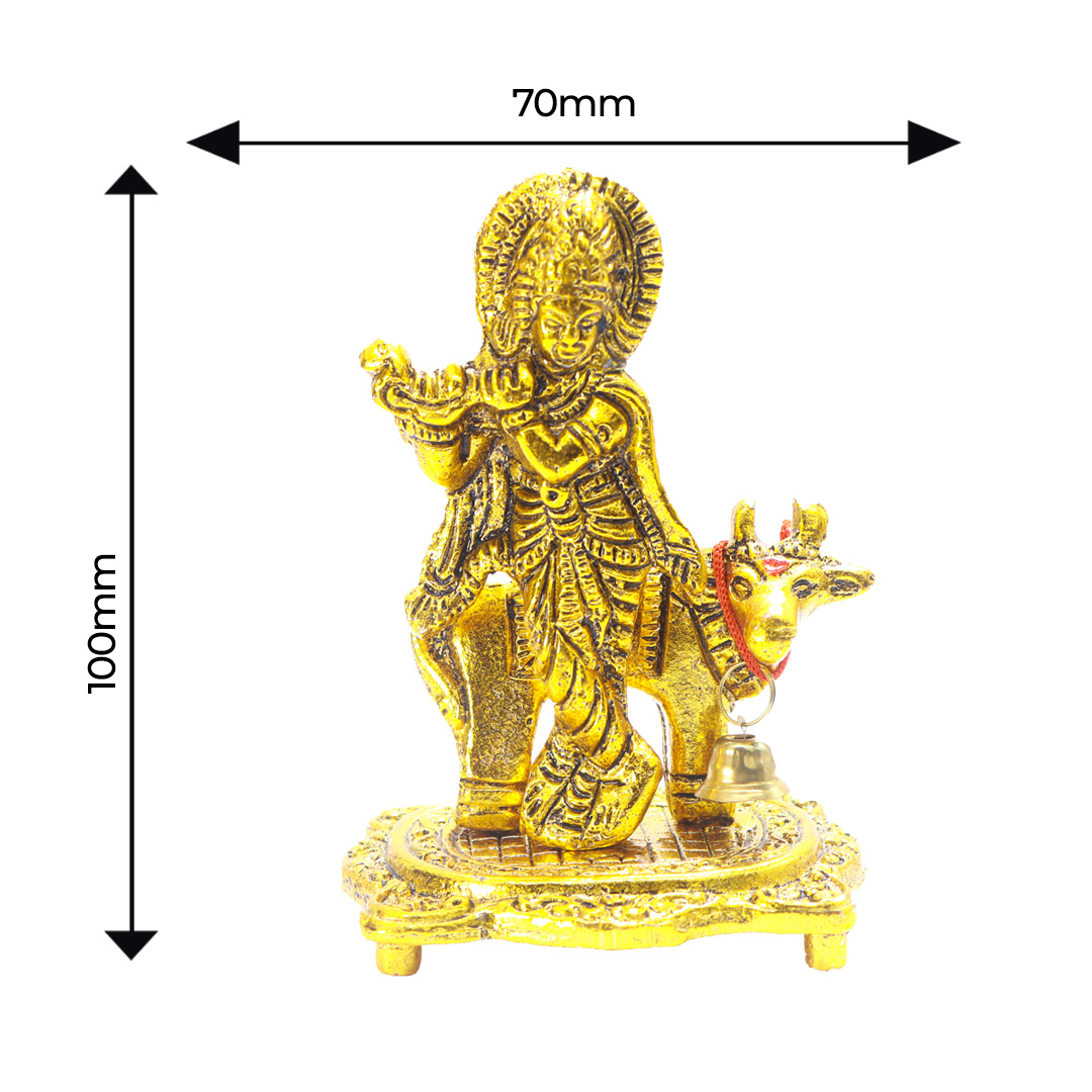 Devnidhii Krishna Ji  Idol with Kamdhenu Cow in Gold Polish Small Size