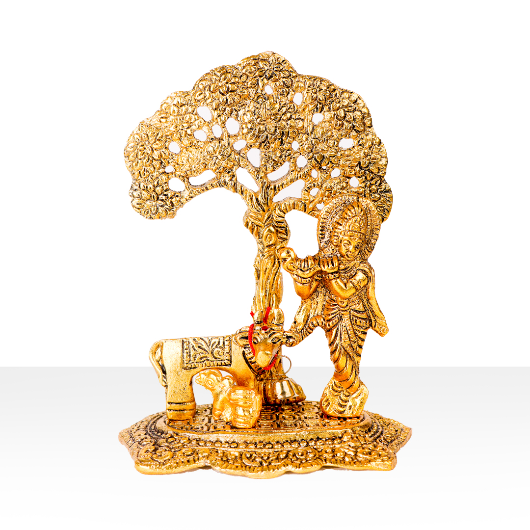 Devnidhii Krishna Ji Idol with Kamdhenu Cow in Gold Polish