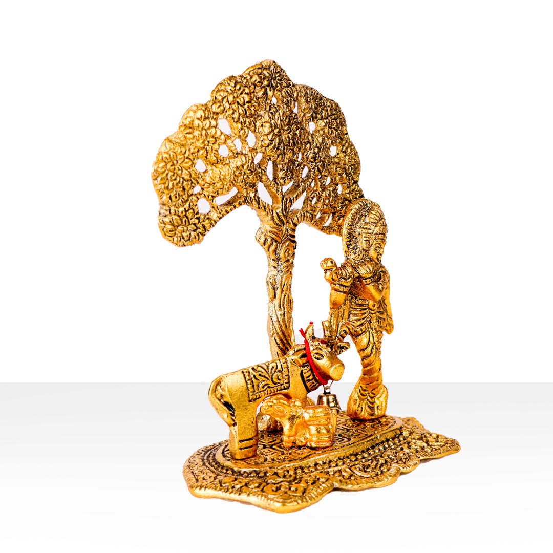 Devnidhii Krishna Ji Idol with Kamdhenu Cow in Gold Polish