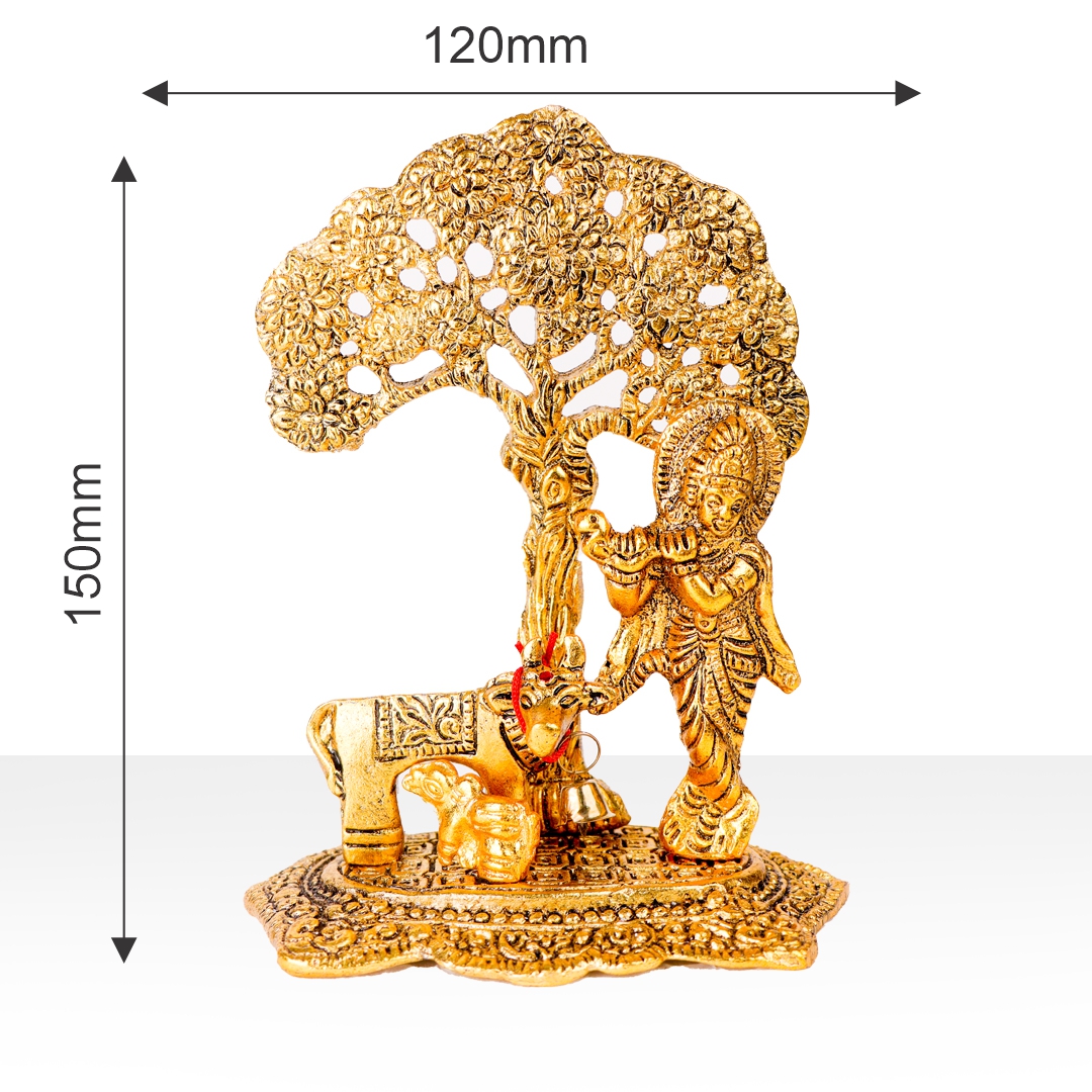 Devnidhii Krishna Ji Idol with Kamdhenu Cow in Gold Polish