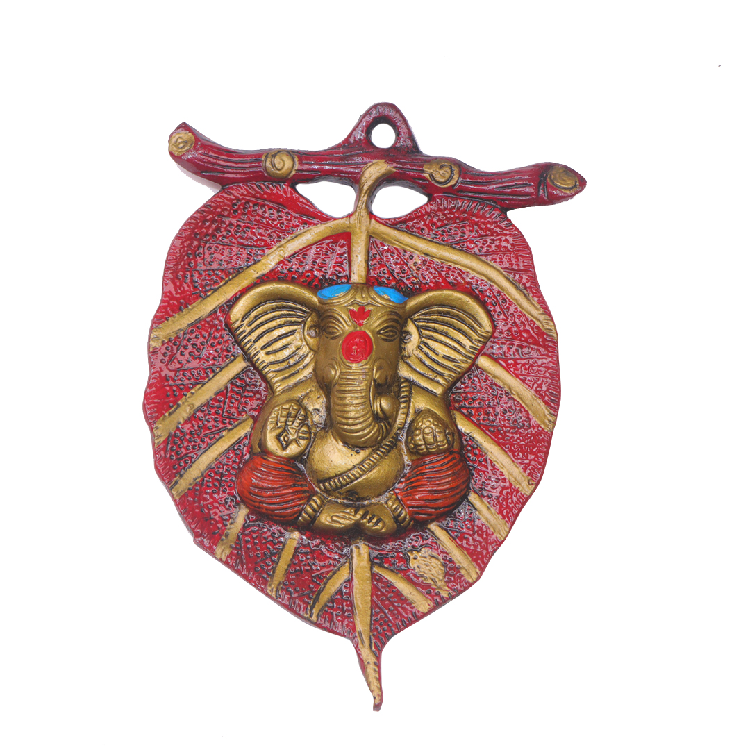 Devnidhii Ganesh Ji on Red Leaf Wall Hanging in Gold Polish