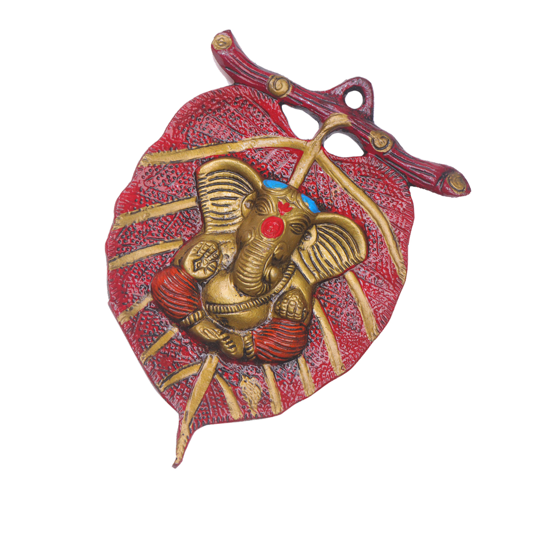 Devnidhii Ganesh Ji on Red Leaf Wall Hanging in Gold Polish