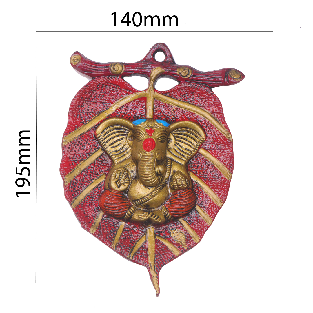Devnidhii Ganesh Ji on Red Leaf Wall Hanging in Gold Polish