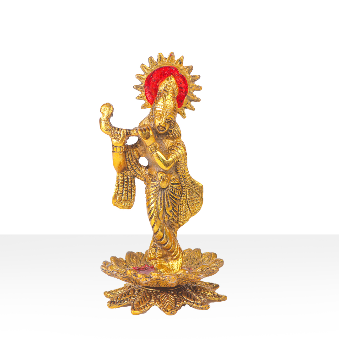 Devnidhii Krishna Ji Idol with Flute on Lotus in Gold Polish