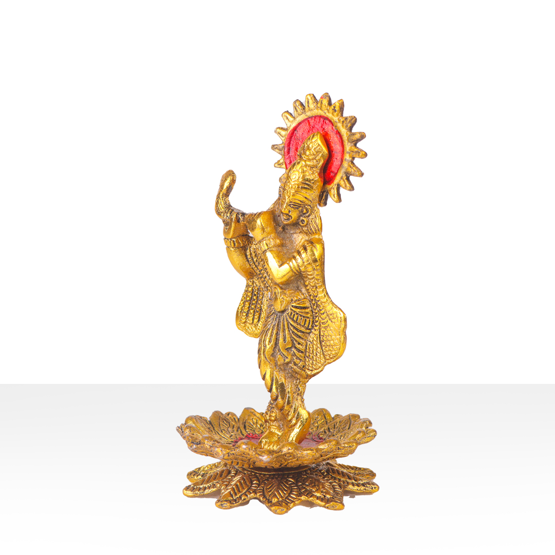 Devnidhii Krishna Ji Idol with Flute on Lotus in Gold Polish