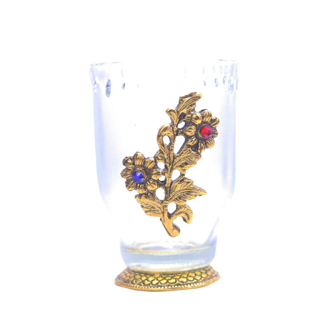 Devnidhii Glass Serving Tray With 6 Glasses in Gold Polish
