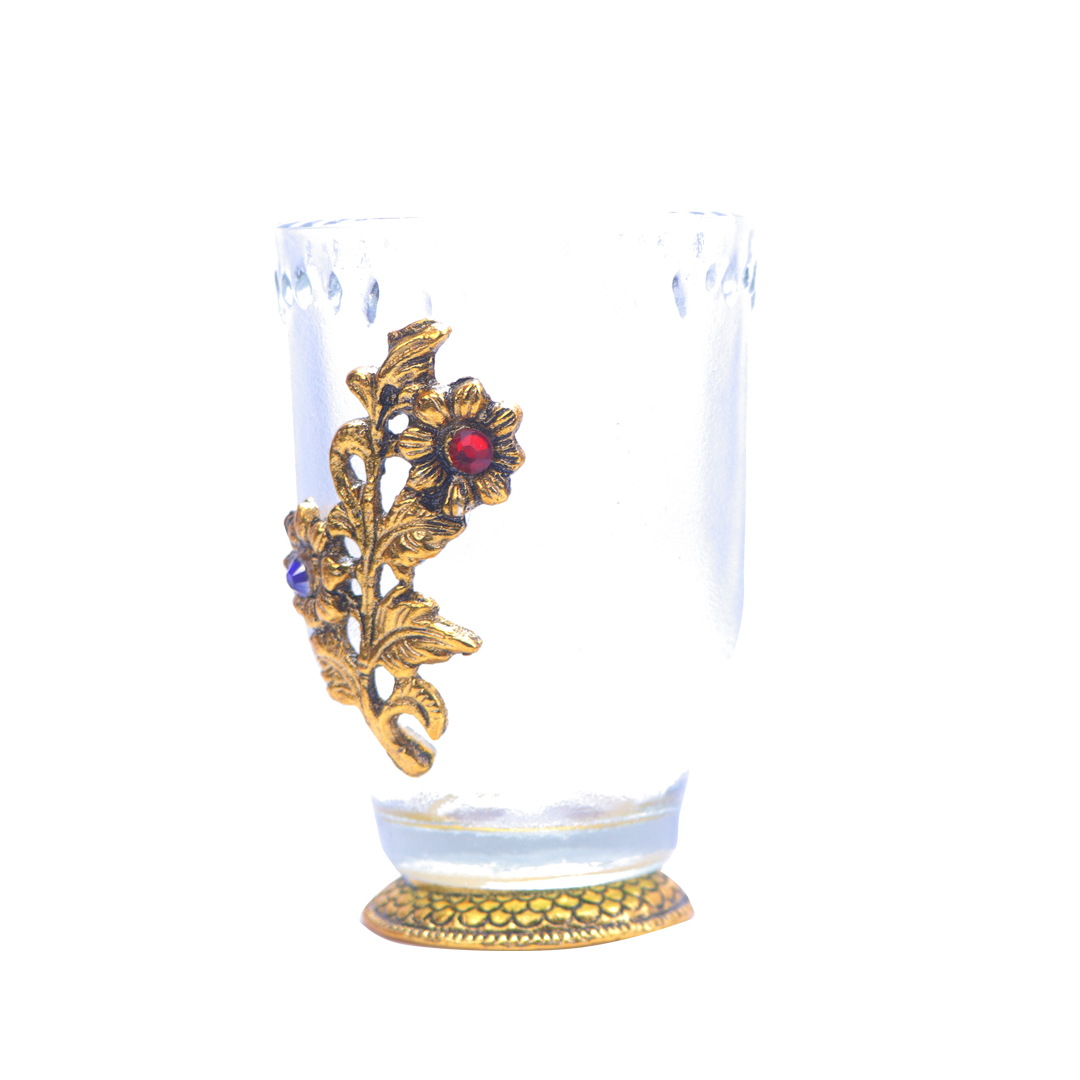 Devnidhii Glass Serving Tray With 6 Glasses in Gold Polish