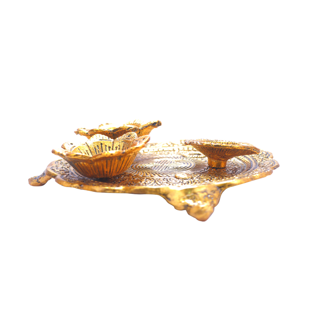 Devnidhii Pooja Thali Set 2+1 Gold Polish Medium Size