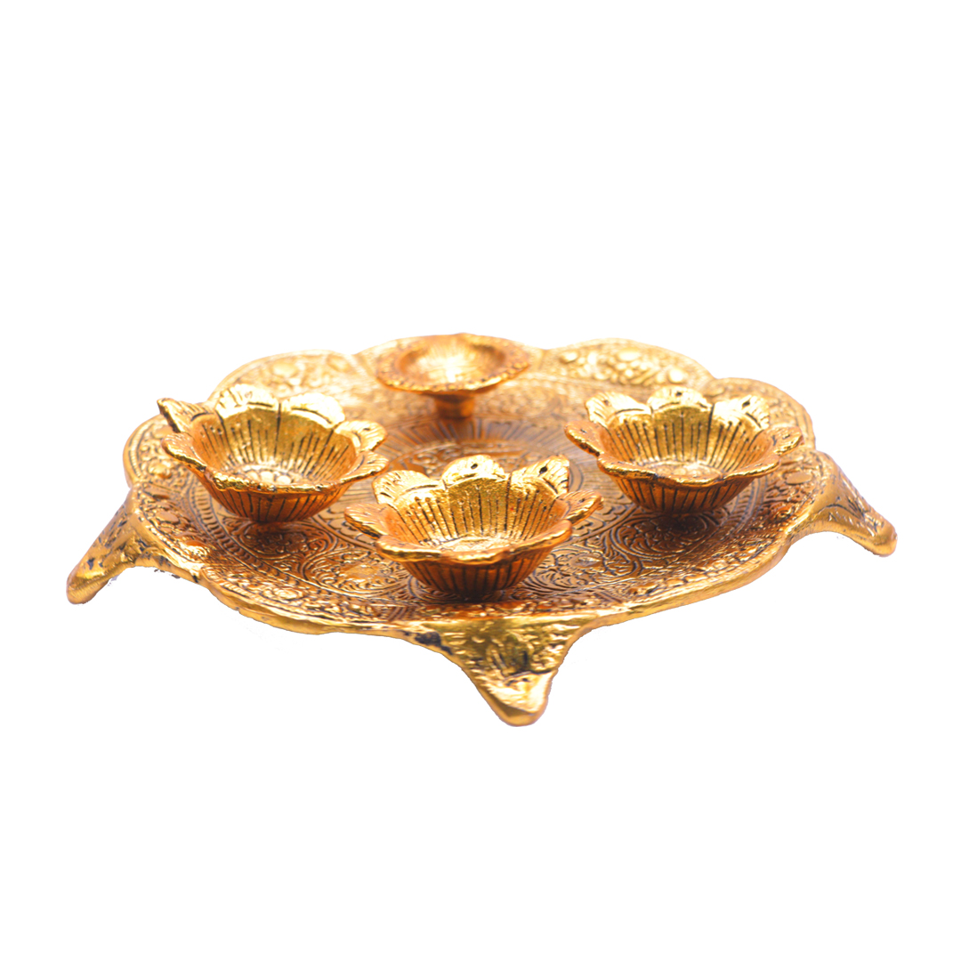 Devnidhii Pooja Thali Set 3+1 Gold Polish Medium Size