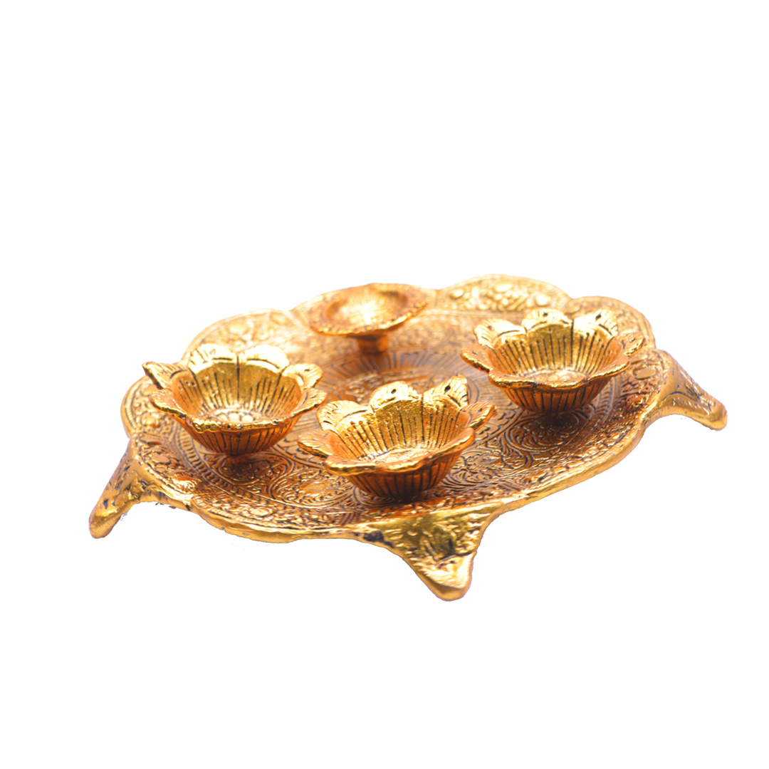 Devnidhii Pooja Thali Set 3+1 Gold Polish Medium Size