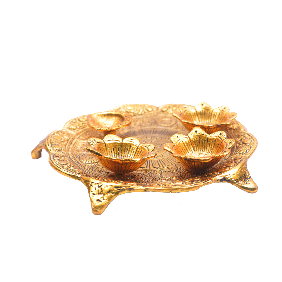 Devnidhii Pooja Thali Set 3+1 Gold Polish Medium Size