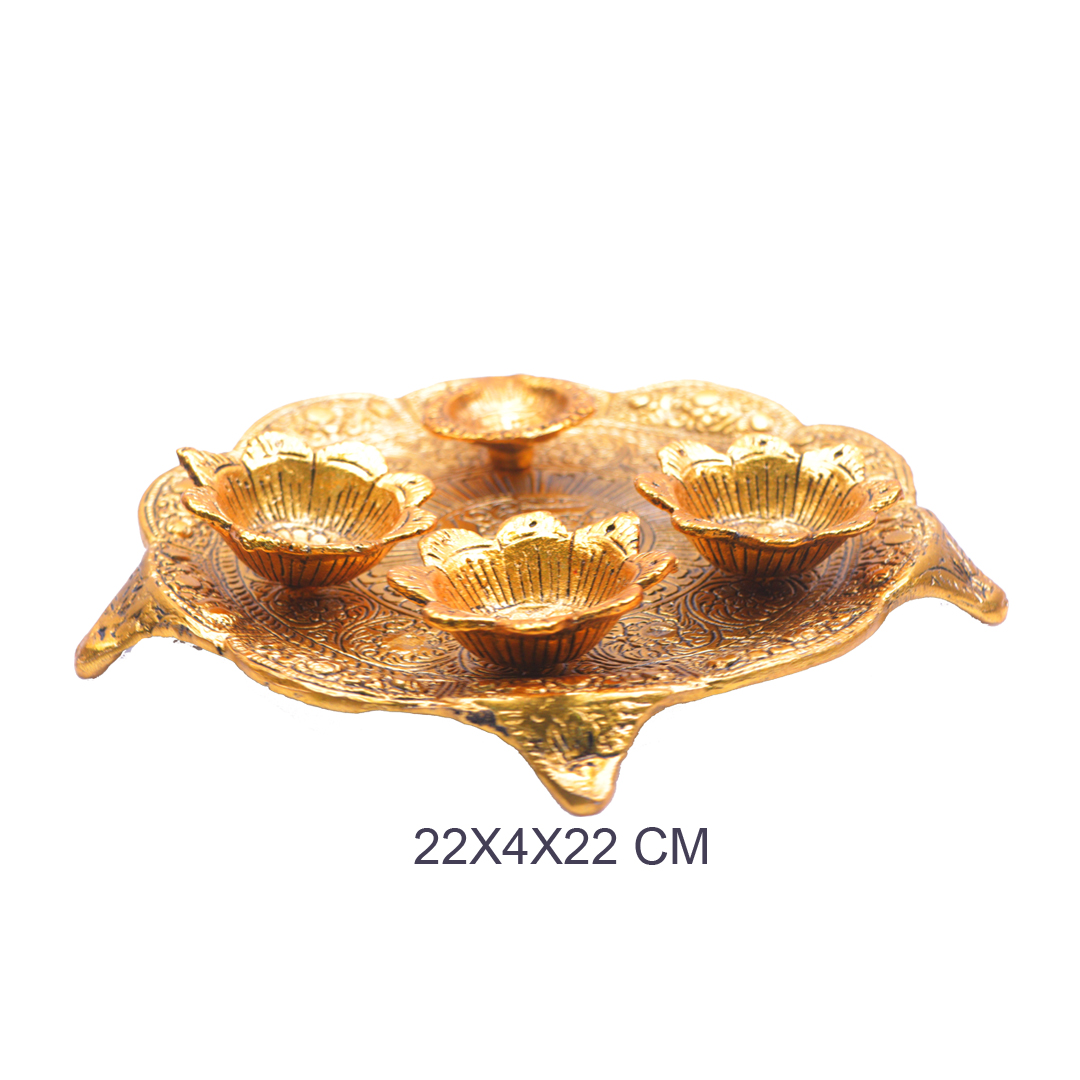 Devnidhii Pooja Thali Set 3+1 Gold Polish Medium Size