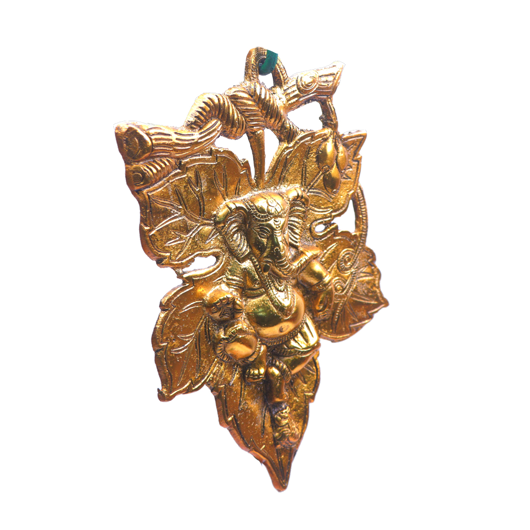 Devnidhii Ganesh Ji on Green Leaf Wall Hanging