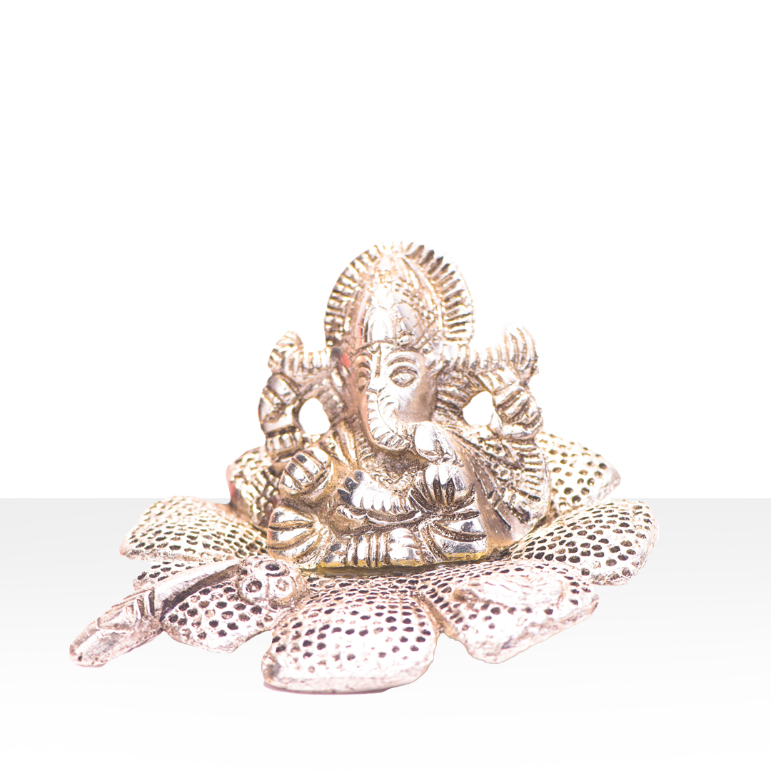 Devnidhii Ganesh Ji Silver Plated Idol on Flower