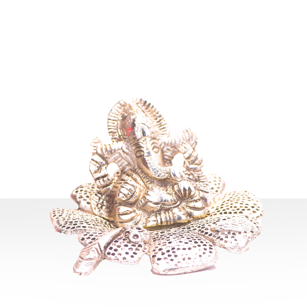 Devnidhii Ganesh Ji Silver Plated Idol on Flower