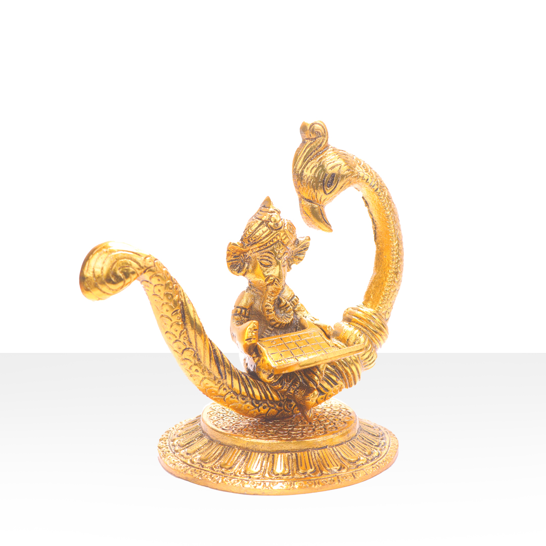 Devnidhii Ganesh Ji Idol with Laptop in Gold Polish