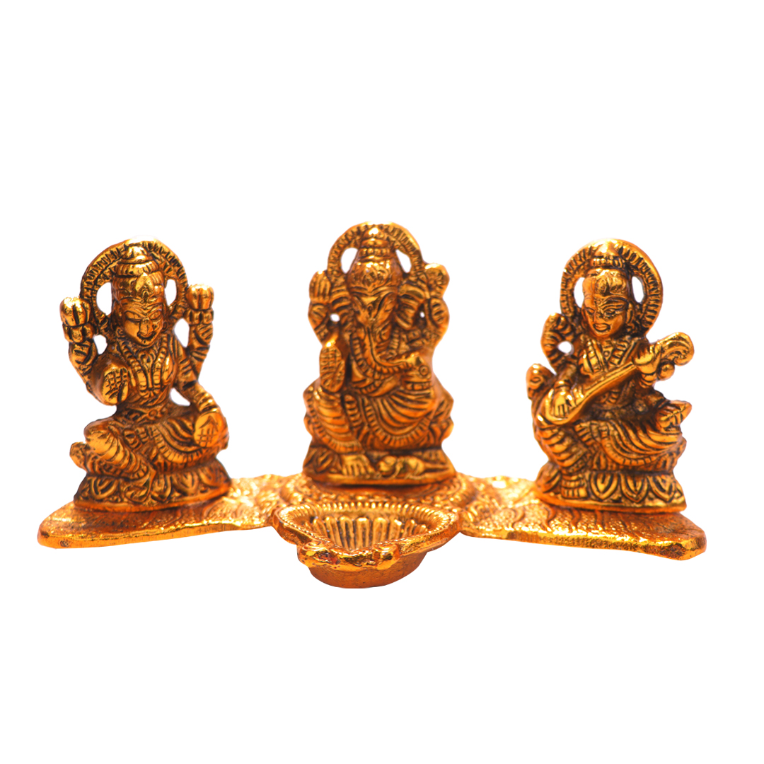 Devnidhii Diya Laxmi, Ganesh, Saraswati on Banana Leaves in Gold Polish