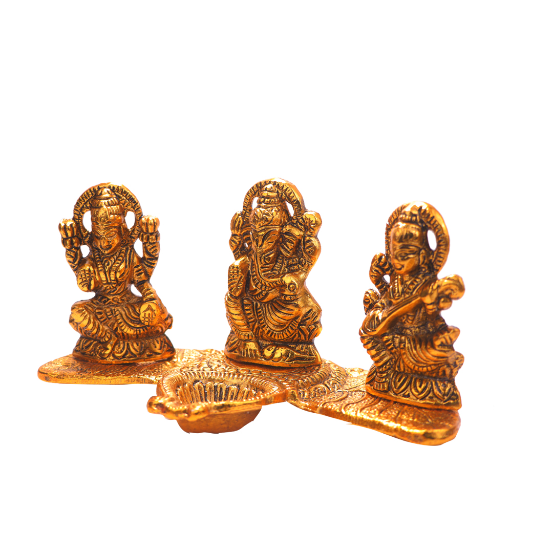 Devnidhii Diya Laxmi, Ganesh, Saraswati on Banana Leaves in Gold Polish