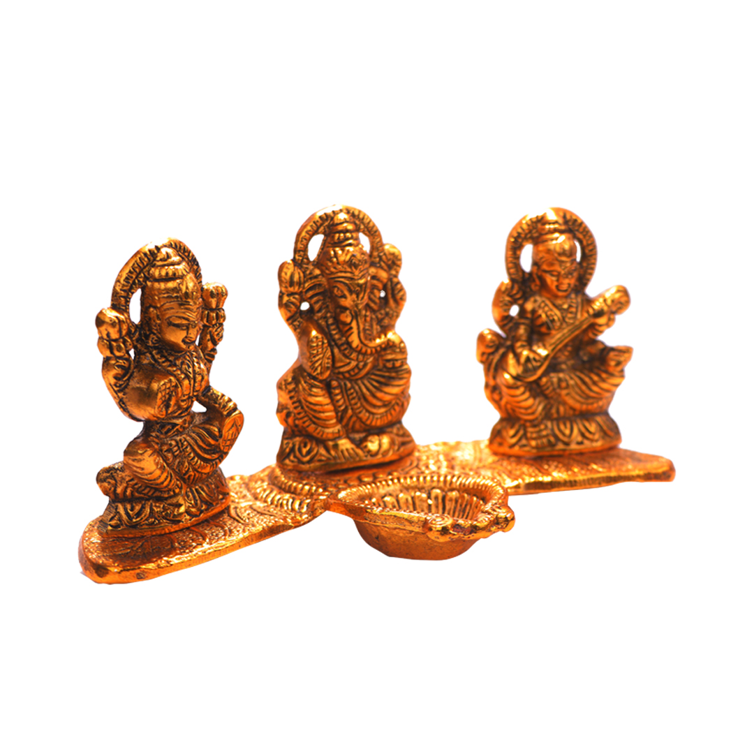 Devnidhii Diya Laxmi, Ganesh, Saraswati on Banana Leaves in Gold Polish