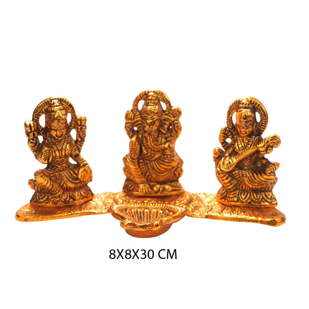 Devnidhii Diya Laxmi, Ganesh, Saraswati on Banana Leaves in Gold Polish